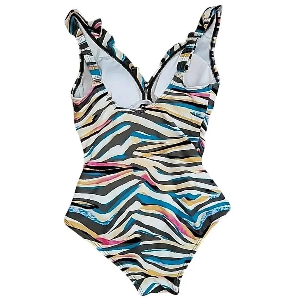 DKNY Ruffle One Piece Swimsuit 8 Tummy Control Resort Chic - Picture 2 of 8